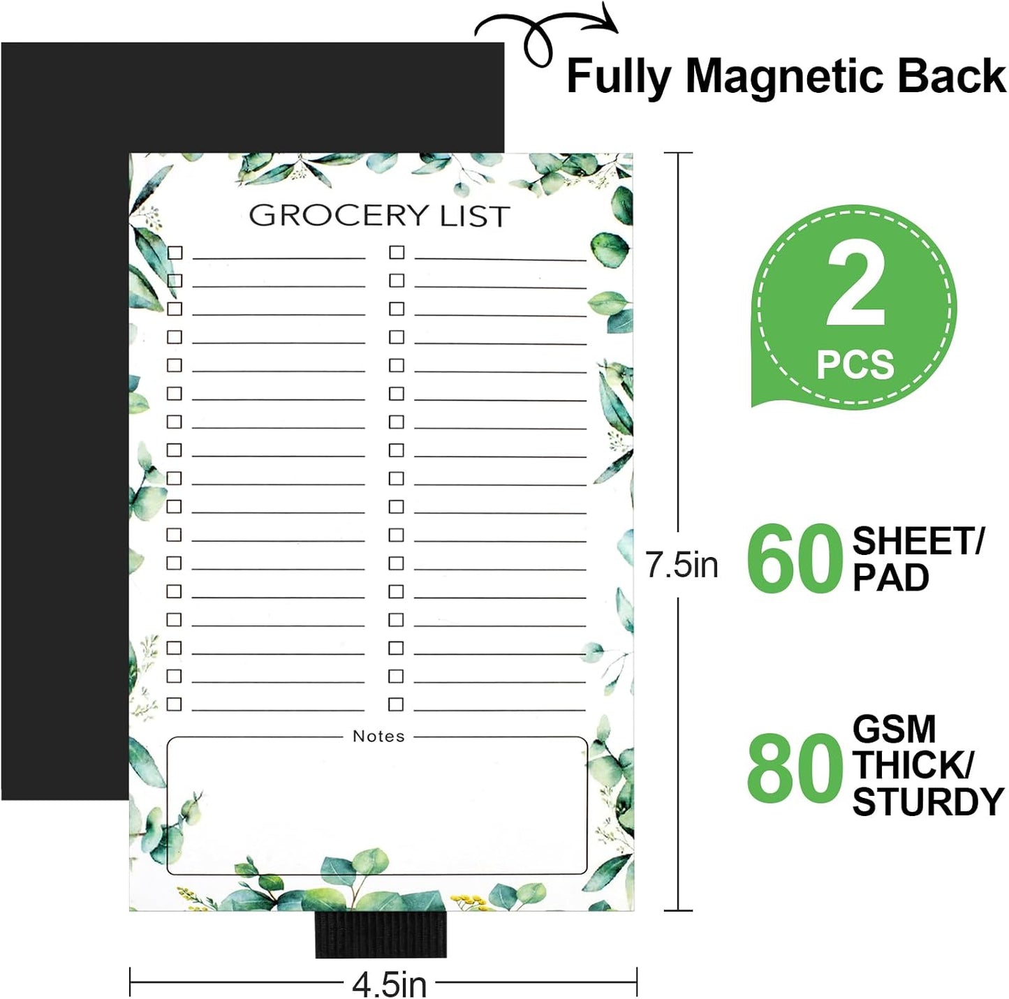 2 PCS Magnetic Grocery List Pads for Fridge, 4.5x7.5 Inches Magnetic Note Pad for Fridge, Grocery List Magnet Pad for Refridge, Magnetics Notepads, Shopping Lists, 60 Pages Per Notepad