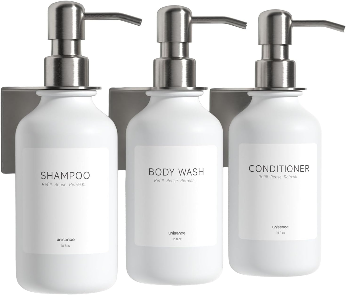 Shampoo and Conditioner Dispenser Wall Mounted Set of 3 - Shampoo Conditioner Body Wash Dispenser No Drill - White Shower Bottles Refillable with Labels and Stainless Steel Pumps 500ML/16.9oz