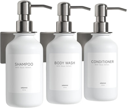 Shampoo and Conditioner Dispenser Wall Mounted Set of 3 - Shampoo Conditioner Body Wash Dispenser No Drill - White Shower Bottles Refillable with Labels and Stainless Steel Pumps 500ML/16.9oz