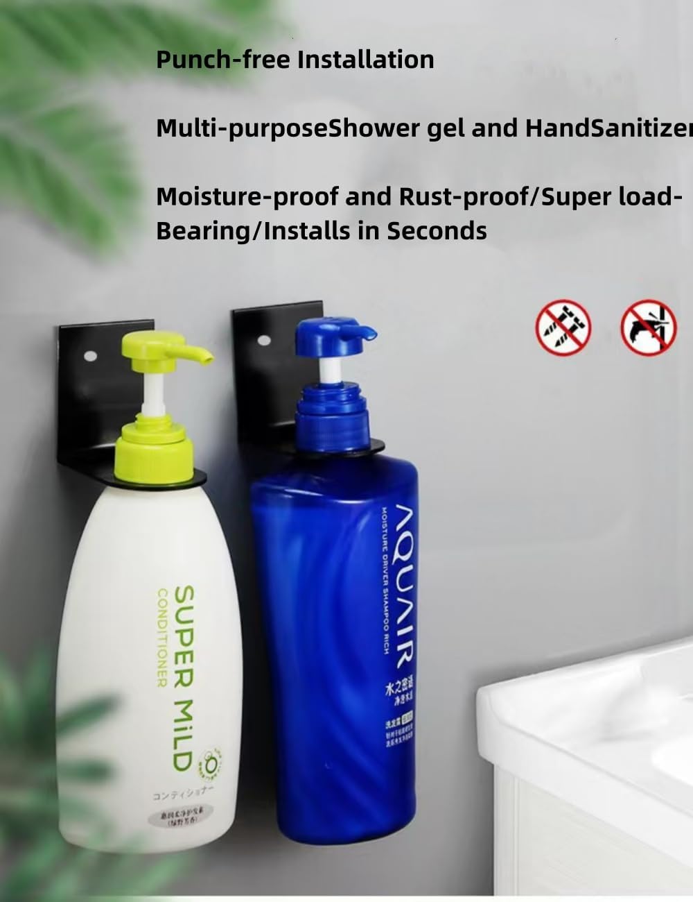 Soap Bottle Dispenser Holder Wall Mount 3PCS, Stainless Steel Bottle Holder Set Shampoo Conditioner Body Wash Dispenser Hanger Rack Shampoo Hole for 1.06in Holder for Kitchen Bathroom-Black