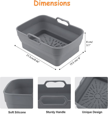 2Pcs Air Fryer Silicone Liners with Magnetic Cheat Sheet, 8-10 QT, Grey | 2 Pack, Reusable, Replacement Basket Bowl, Collapsible Baking Tray, Air Fryer Accessories