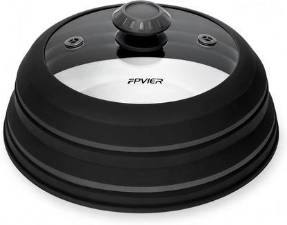 Microwave Splatter Cover, Vented Silicone & Glass Anti-Splatter Lid with Handle, Collapsible Food Plate Cover Fits 6–11 Inch Plates and Bowls (Black, 10.8inch)