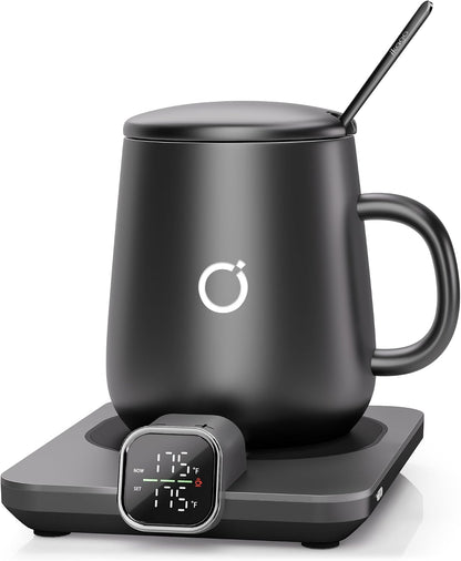 Coffee Cup Warmer & IKAGO Mug Set, 1℉ Precise Temp Control Mug Warmer | Auto Shut Off, Infrared Sensor, Dual Temp Display, ℉/℃ Optional, 15oz Mug with Spoon & Lid Included, Gifts for Men Women