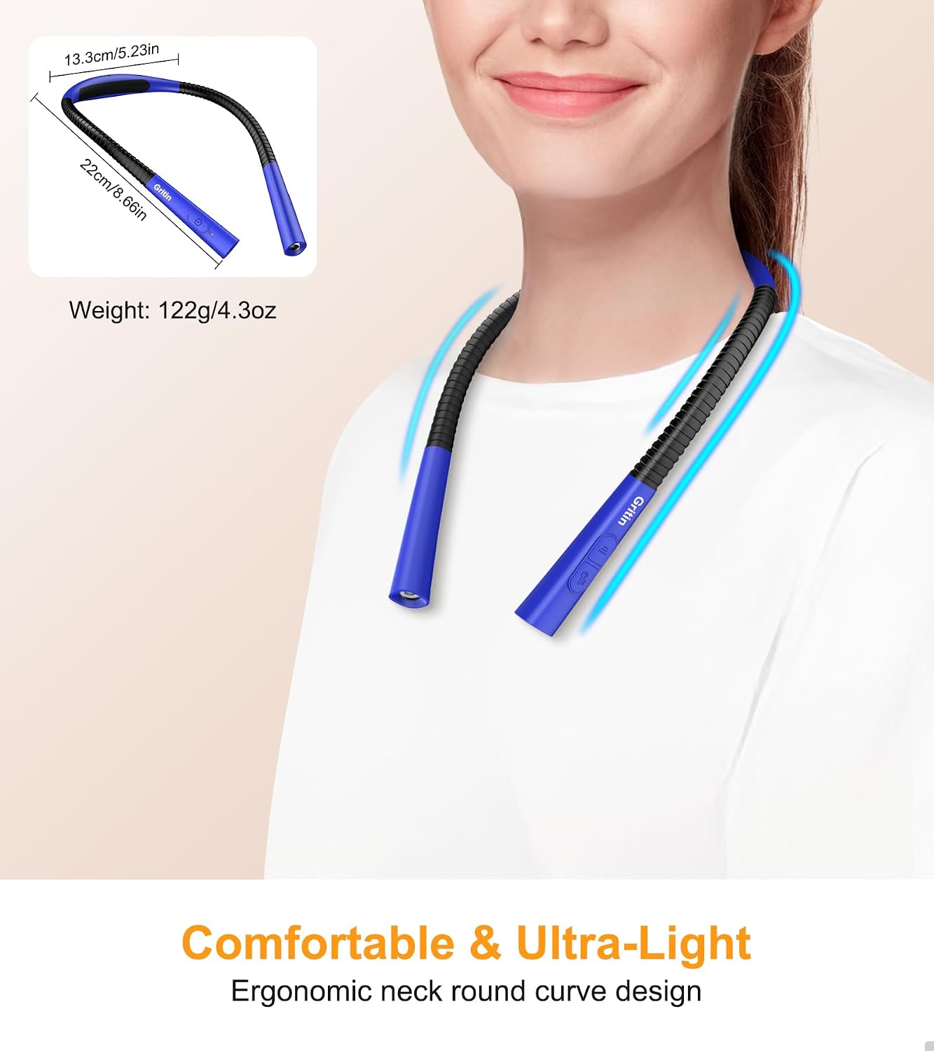 Gritin Book Light, Eye Caring 4-Color&5-Brightness Neck Light Reading Light | Stepless Dimming, 30-min Timer, 80+ Hrs Runtime, Bendable Round Neck Design, Lightweight for Reading, Knitting, Repairing