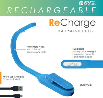 The Original Mighty Bright Recharge Clip On Rechargeable Book Light Reading Light, Warm Eye Care LEDs, Flexible, Durable, Dimmable, Perfect for Kids, Bookworms, Reading in Bed, Lasts 60 Hours (Green)