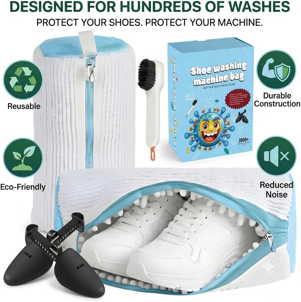 Shoe Washing Machine Bag with Brush & Trees Reusable Laundry Shoe Bag Set | 2pc Reusable Sneaker Washing Bag Kit with Zip Protection shoe cleaning bag 3k chenille material 360 deep Clean Shoe Wash Bags