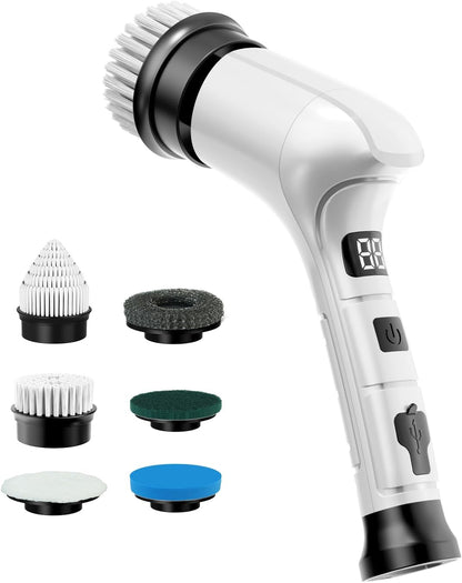 Electric Spin Scrubber, Cordless Household Cleaning Brush with 6 Replaceable Heads, 3 Speeds, LED Display, Lightweight Handheld Power Scrubber for Cleaning Stove/Bowl/Sink/Corner/Tile/Grout-Black