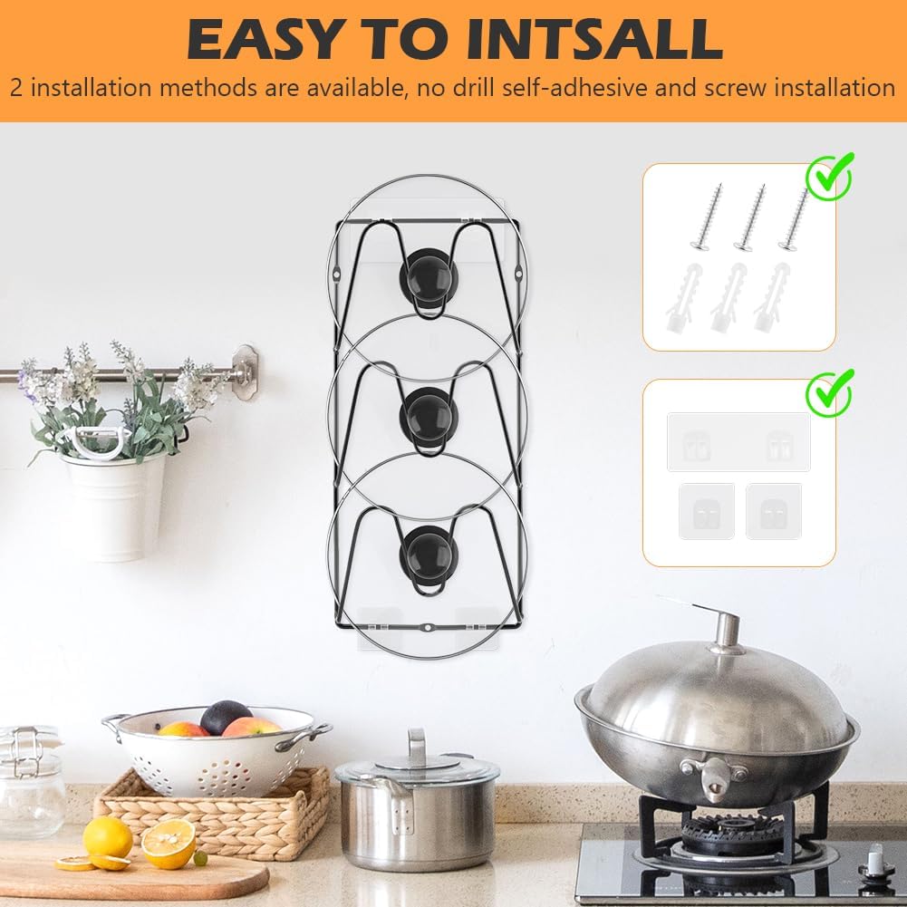 Pot Lid Organizer 2 Pack, Wall Mount Cabinet Door Lid Rack | 3-tier iron racks for pot lids, pan lids, baking sheets, trays, and cutting boards; adhesive or screw mount