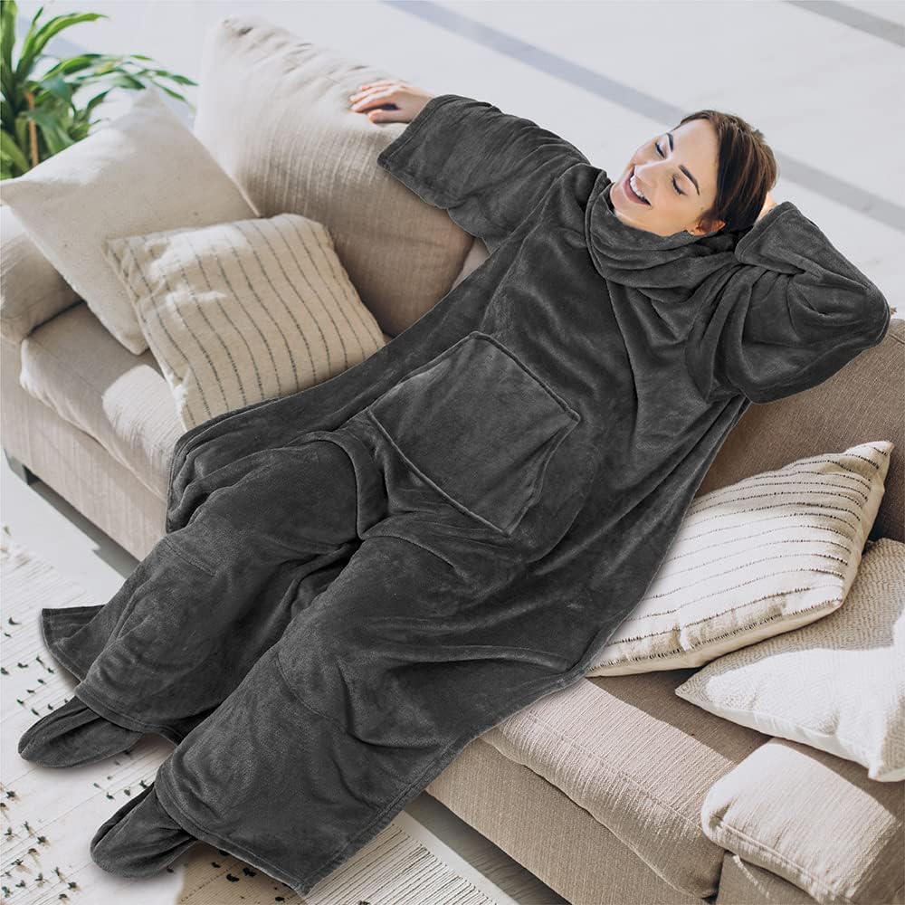 PAVILIA Fleece Blanket with Sleeves and Foot Pockets Women Men, Dark Purple