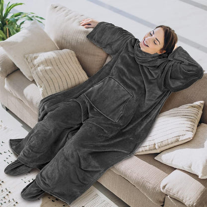 PAVILIA Fleece Blanket with Sleeves and Foot Pockets Women Men, Dark Purple