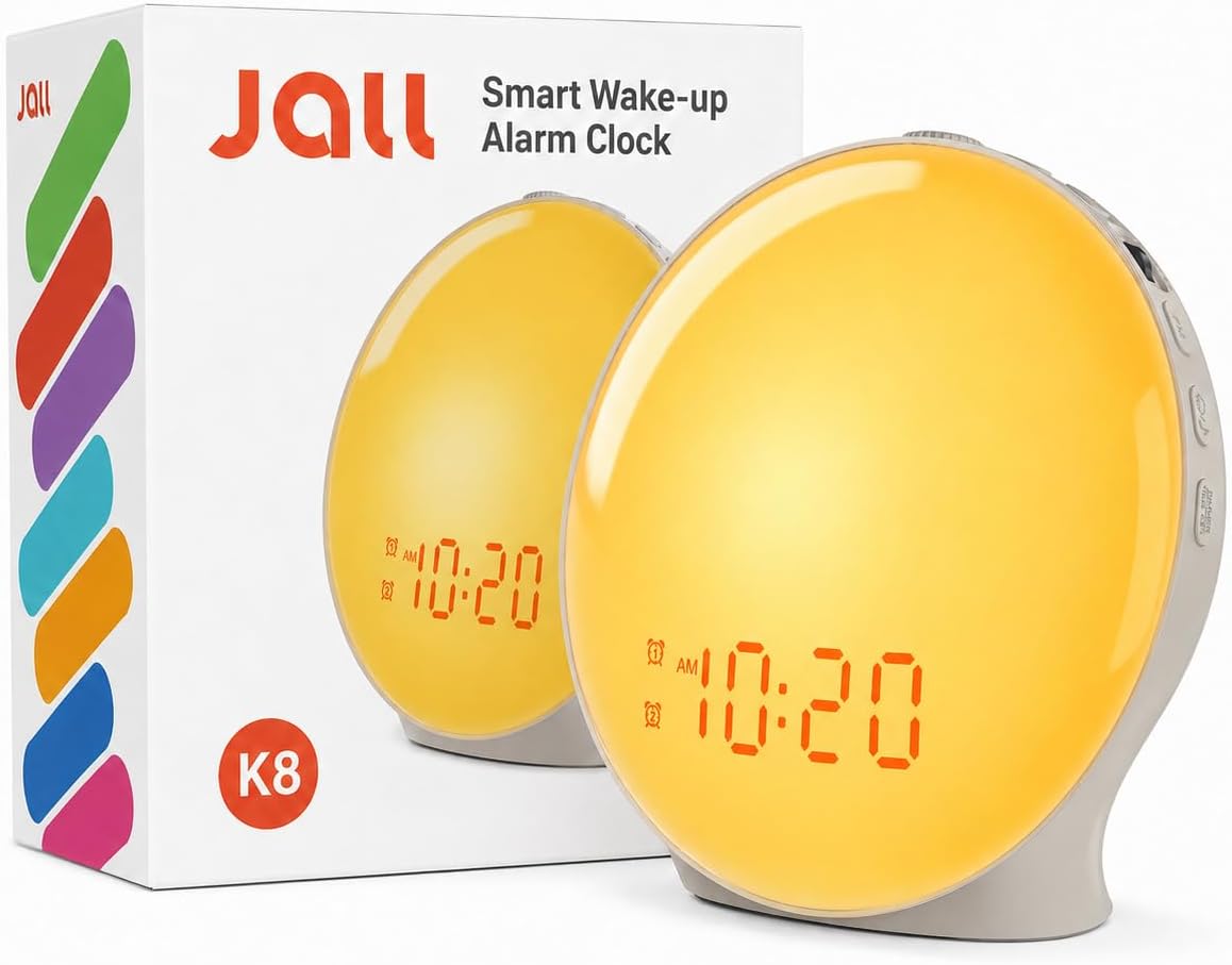 JALL Full-Screen Wake Up Light Sunrise Alarm Clocks for Bedrooms, White Noise Machine for Heavy Sleepers, 25 Natural Sounds, Dual Alarms, FM Radio, 17 Dimmable Colors, Bluetooth Speaker