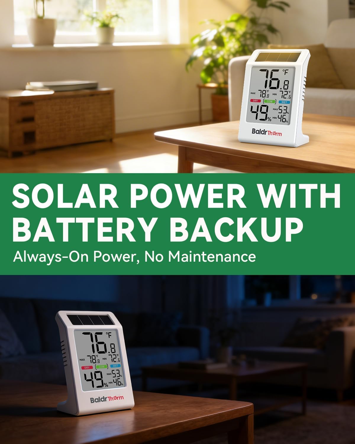 BALDR Solar Indoor Thermometer Hygrometer, Max/Min, Comfort Meter (White) | Solar & Battery Dual Power |No Setup or App Required |Clear Comfort Level Indicator |Flexible Desk or Wall Placement