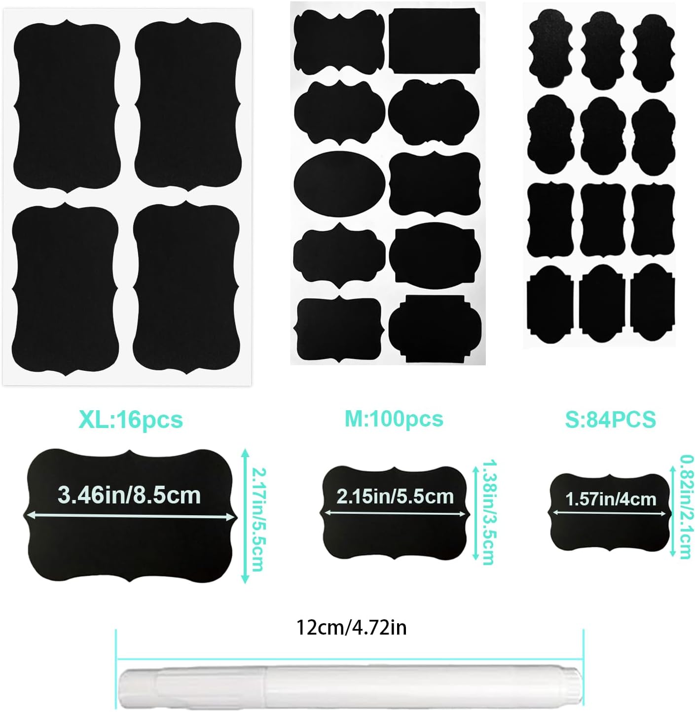 200PCS Chalkboard Labels, 13 Shapes & 3 Sizes, Reusable Blackboard Stickers | Includes 1 Liquid Chalk Marker, for Pantry Jars, Food Containers, Spice Racks & Organization