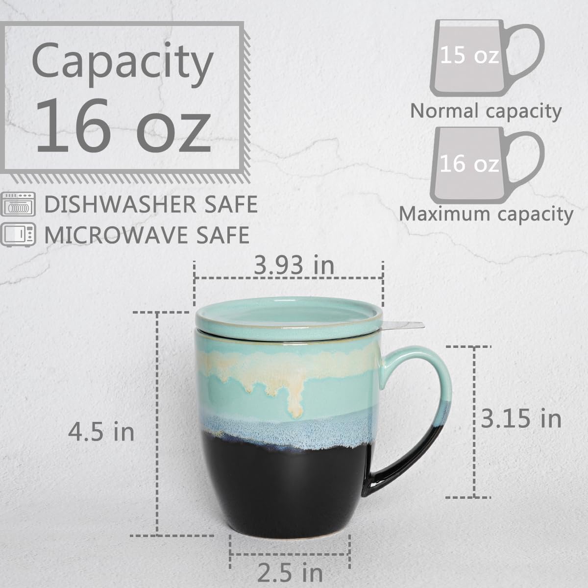 Bosmarlin Ceramic Tea Cup with Infuser and Lid, 16 Oz, 4 Color to Choose Dishwasher and Microwave Safe, Steeping Tea Mug with Strainer (Blue)