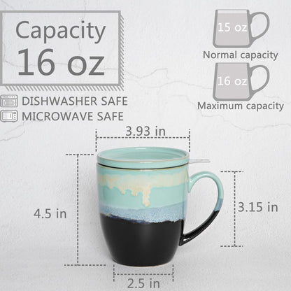 Bosmarlin Ceramic Tea Cup with Infuser and Lid, 16 Oz, 4 Color to Choose Dishwasher and Microwave Safe, Steeping Tea Mug with Strainer (Blue)