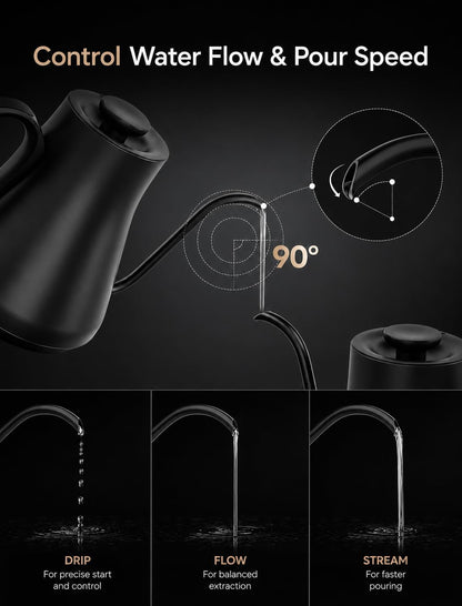 Cocinare Gooseneck Electric Kettle, ±1°F Precise Temperature Control, 1500W Fast Heating, Pour Over Coffee & Tea Kettle with Brew Timer & Keep Warm, Stainless Steel, 0.9L (Matte Black)