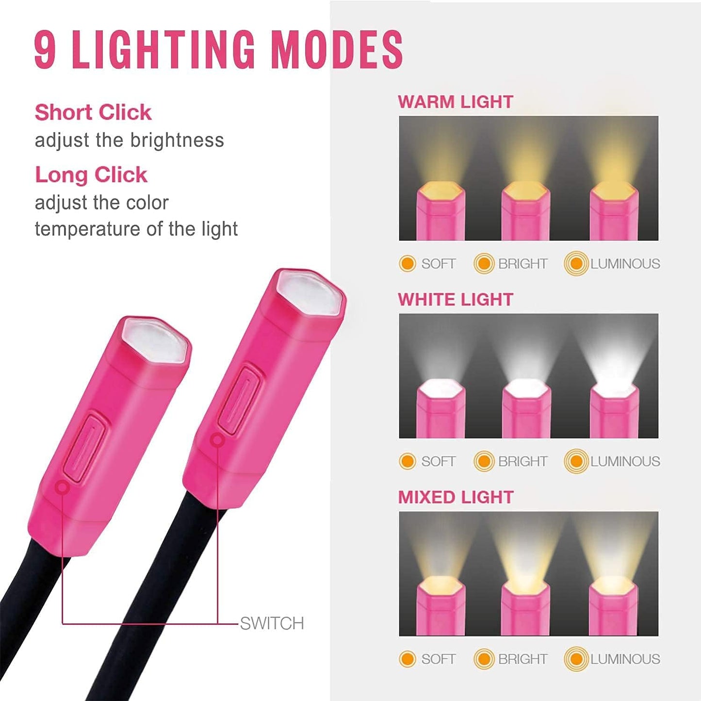Vekkia Lightweight Neck Reading Light - 3 Colors, 9 Brightness | For Bed Reading, Knitting, Sewing, Crafting. Appeals to Repair & Craft Fans （Pink)
