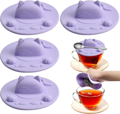 Enenes 4 Pack Silicone Tea Bag Holder and Squeezer, 4 Inch Cat-Shaped Cup Lid Cover for Tea Bags, Reusable Dishwasher Safe Mug Cover for Tea Cups and Coffee Mugs