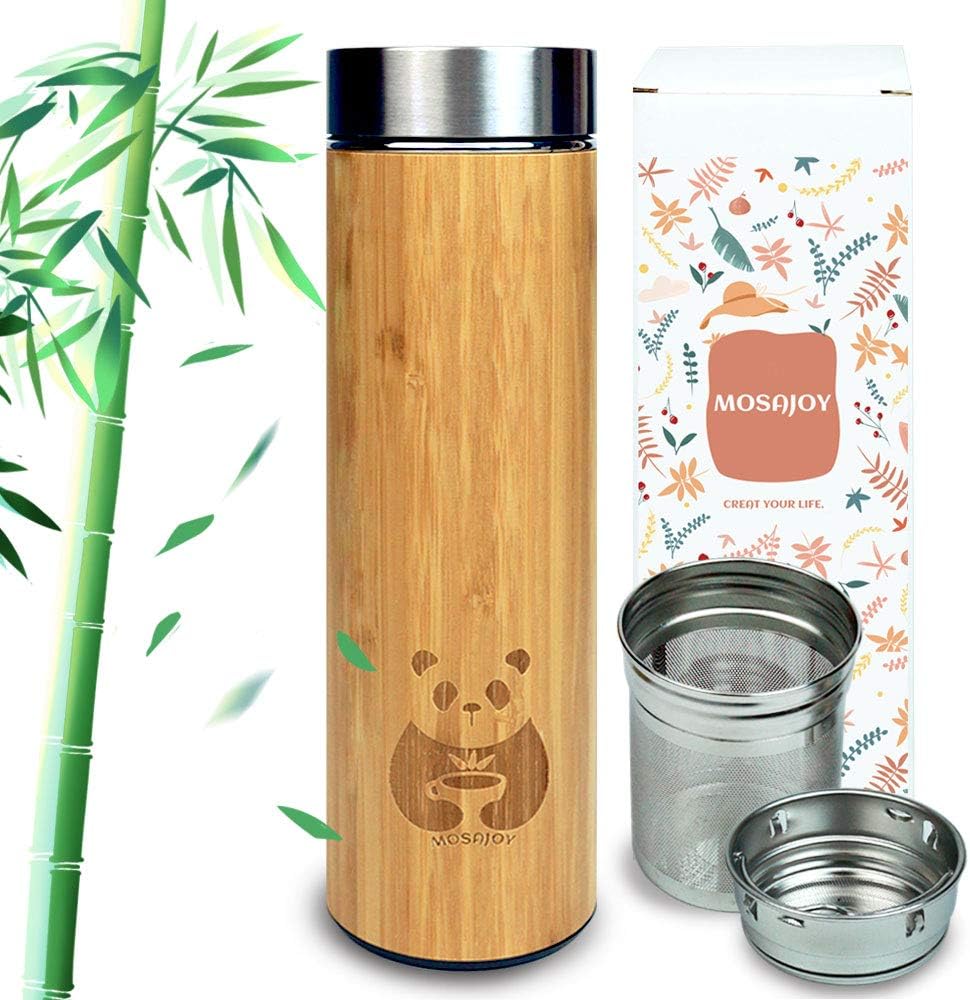 Tea Bottle Bamboo Tumbler with Infuser BPA Free Double Wall Glass Travel Tea Mug with Stainless Steel Filter | Leakproof Tea Bottle with Strainer For Loose Leaf Tea and Fruit Water 17 Ounce
