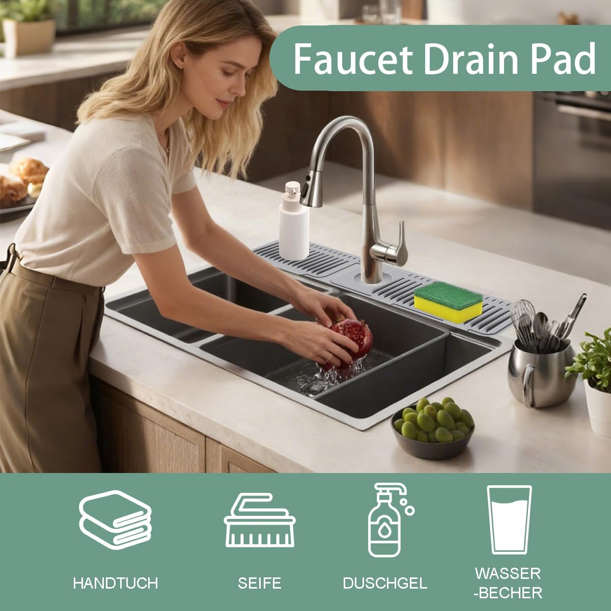 24 Inch Upgraded Draining Mat Folding faucet Mat for Bathroom Sink Splash Guard 7° Slope with Button Lock Water Draining Pad for Kitchen Bathroom Bar(Pink)