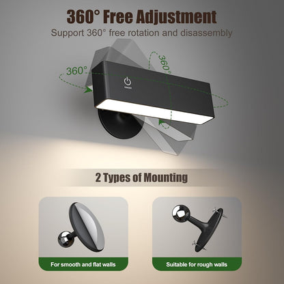 YiLaie Battery Operated Wall Sconces Set of 2, LED Wall Mounted Lights with 4000mAh Rechargeable Battery Operated, 360° Rotate Magnetic Wall Lamp, Dimmable Reading Light for Bedroom, Bedside, Black