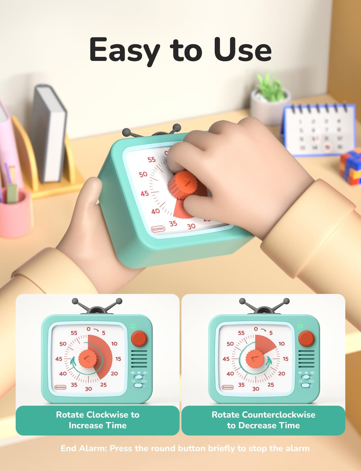 LIORQUE Visual Timer for Kids with Pause, 60 Minute Countdown Timer, Green | Non-Ticking, 3 Volume Levels, Back Magnetic, Two Ringing Durations, Light Indicator, for Classroom Kitchen Office ADHD