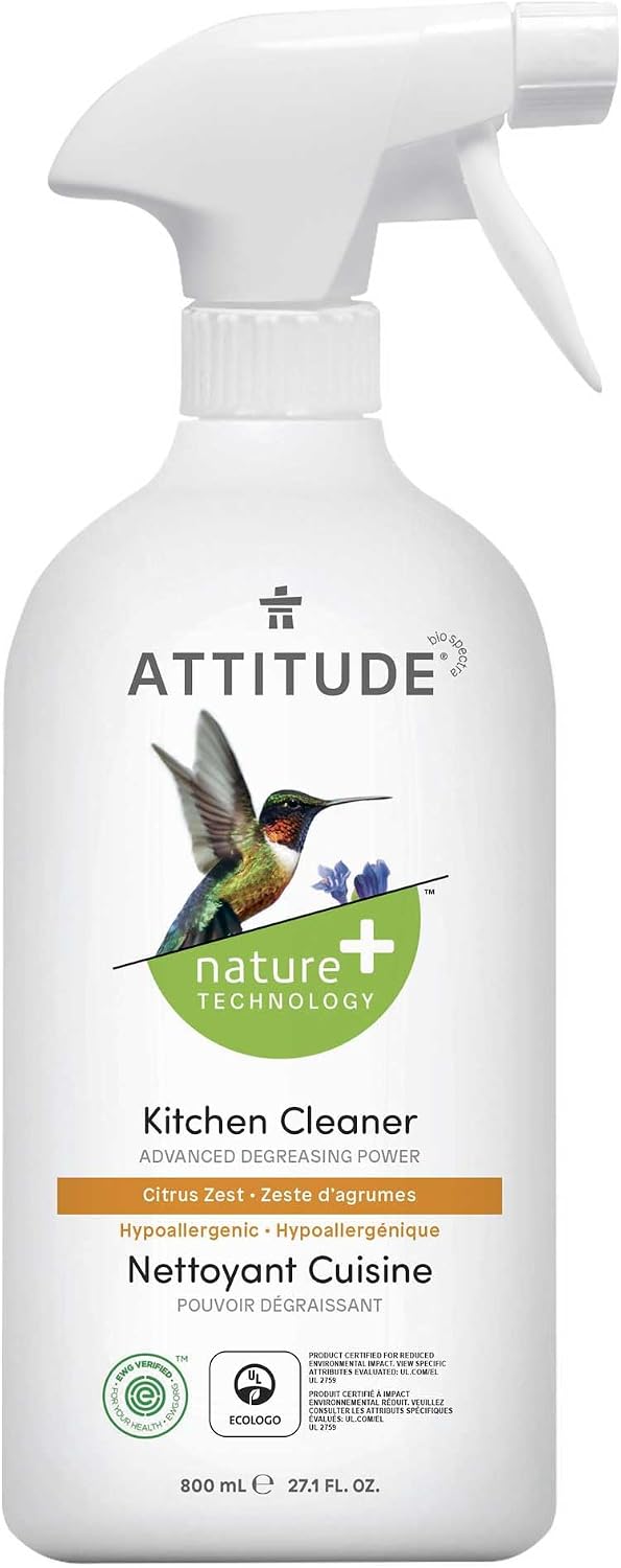 ATTITUDE Kitchen Cleaner Spray, EWG Verified, Degreaser Spray to Cut Grease & Grime, Plant-Based & Vegan, Citrus Zest Scent, 27.1 Fl Oz