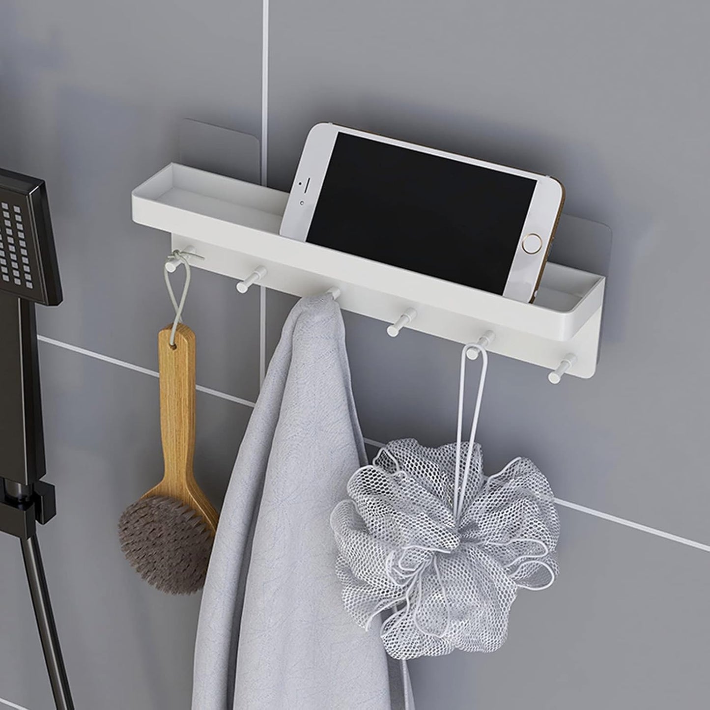MKO Key Holder Wall Mount, Key Holder Wall Mount Adhesive with Mail Organizer Tray with 6 Key Hooks for Wall, Black | Metal Material, Key Rack with Shelf, Mail Organizer Tray for Entryway, Hallway, Living Room