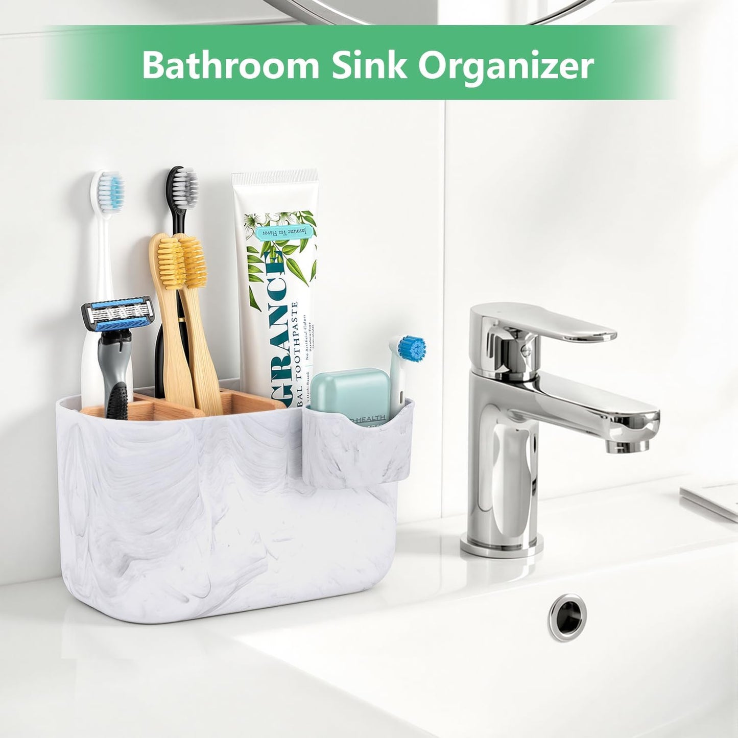 GFWARE Toothbrush Holders for Bathrooms - Bamboo Divider Toothbrush and Toothpaste Holder with Drainage, Kids Electric Toothbrush Organizer for Bathroom Countertop, White Tooth Brush Holder | 5 Slots Toothbrush and Toothpaste Holder with Bamboo Divider,