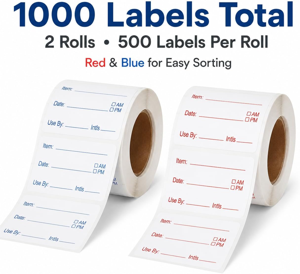 1000 Removable Food Labels, 1x2 Inch Date Stickers for Freezer & Refrigerator Containers, Writable, Self-Adhesive, Ideal for Kitchen, Meal Prep, Home & Restaurant Organization (White and Red)