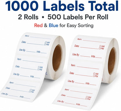 1000 Removable Food Labels, 1x2 Inch Date Stickers for Freezer & Refrigerator Containers, Writable, Self-Adhesive, Ideal for Kitchen, Meal Prep, Home & Restaurant Organization (White and Red)