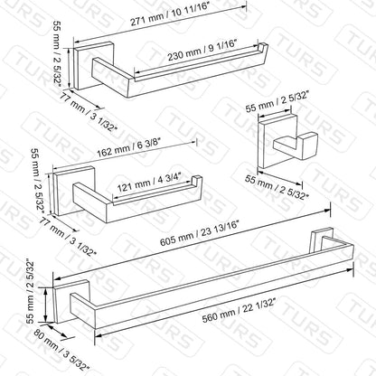 TURS Bathroom Hardware Set Black 4-Piece Towel Bar Set Include 24 Inch Towel Bar Hand Towel Holder Towel Hook Toilet Paper Holder with Shelf Wall Mounted Stainless Steel Bathroom Accessories Set