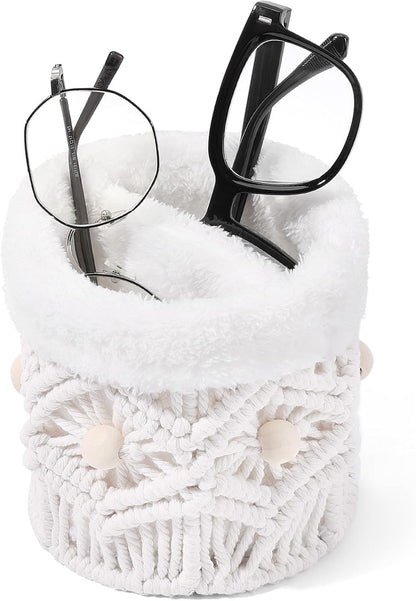 SNOWSTAR Plush Lined Eyeglasses Holder Stand for Nightstand,Boho Protective Eyeglass Holder with 2 Compartments ﻿