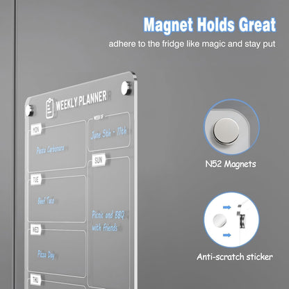 Magnetic Meal Planner for Fridge | Acrylic Weekly Planner with Chalk Marker for to-Do List, Shopping List, Menu List (8 x 12)