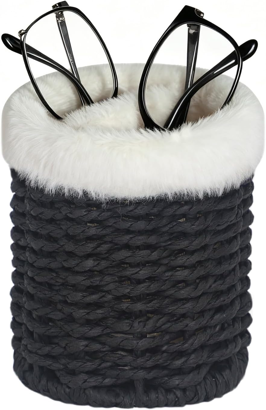 Glasses Holder, 2 Compartment Plush Lined Eyeglass Holder Paper Rope Eye-glasses Storage Organizer for Nightstand