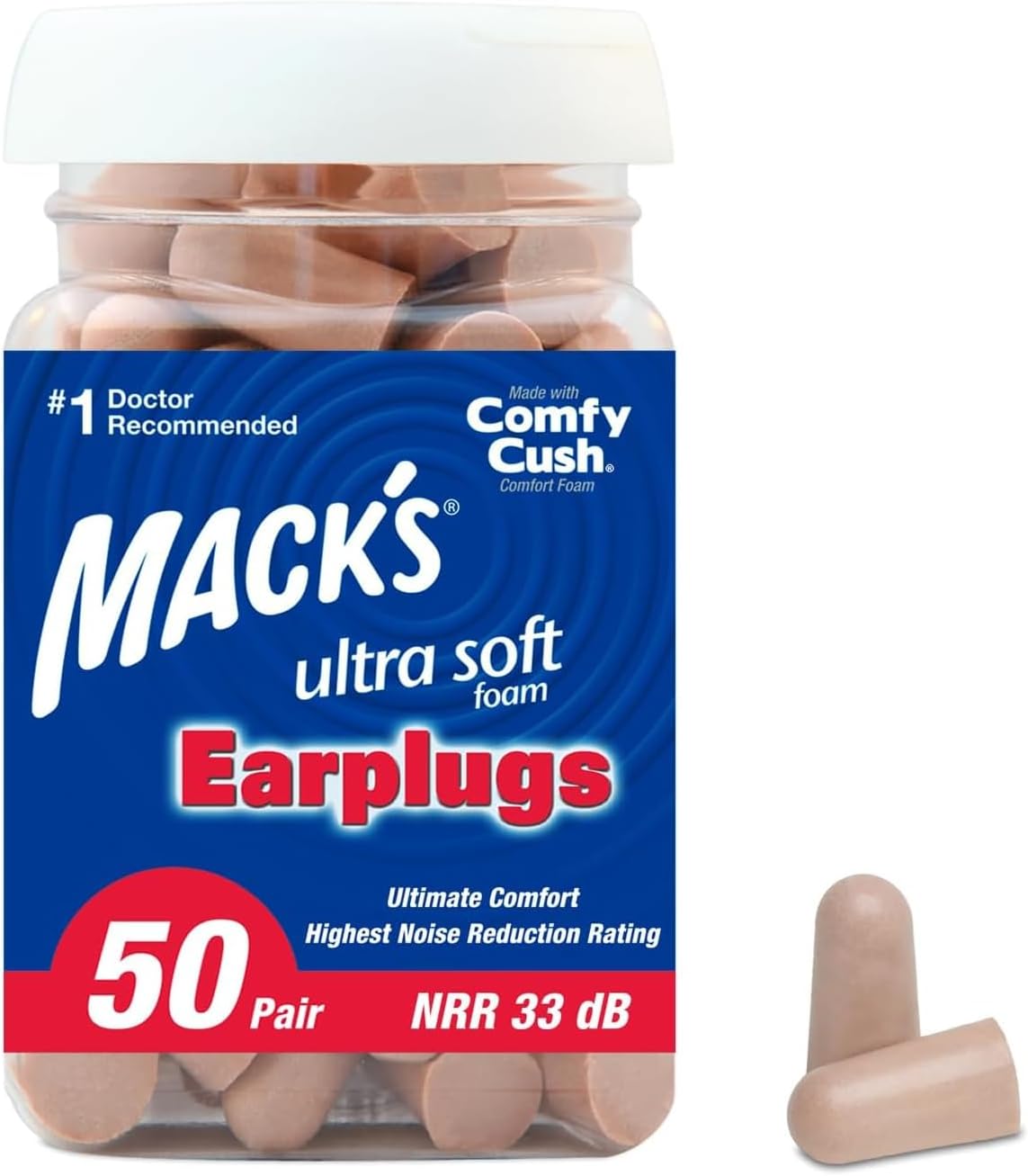Mack's Ultra Soft Foam Earplugs, 50 Pair - 33dB Highest NRR | Made in USA