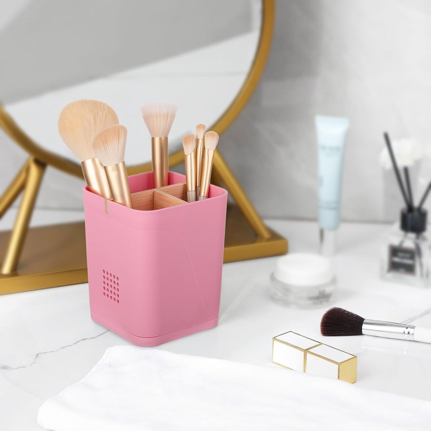Electric Toothbrush Holder Tooth Brush and Toothpaste Organizer, Black | 3 Slots, Drainage Holes, Removable Bamboo Divider, Ventilation Design, Space-Saving, for Bathroom Countertop, Shower, Vanity