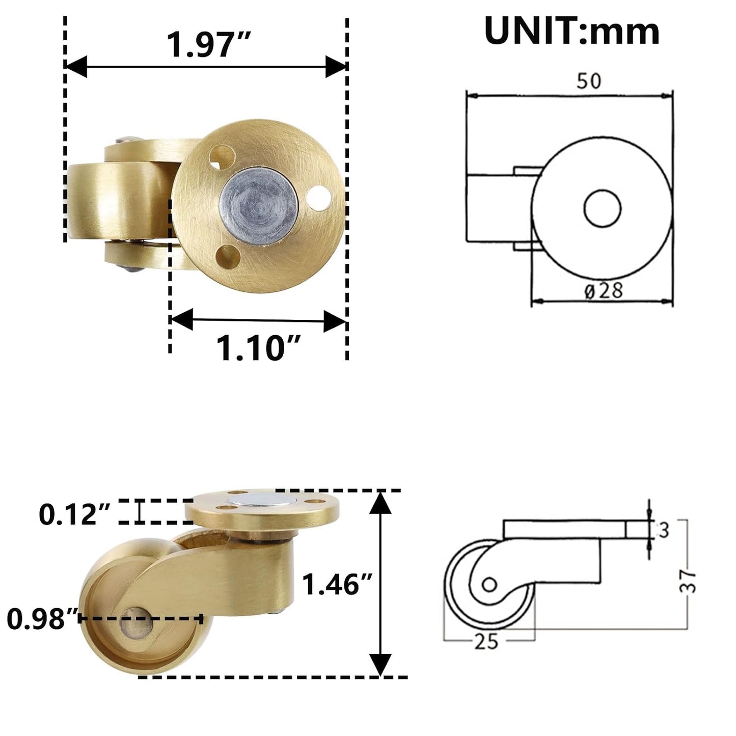 Semetall 4PCS Swivel Caster Wheels Square Cup Furniture Castors (Bronze) | 150kg Load Capacity, with Screws for Piano Feet, Sofa, Table, 1.02 Inch (26mm) Wheels