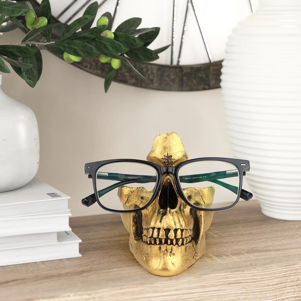 Mrlikale Skull Glasses Stand Holder, Creative Eyeglasses Holder | Sunglasses Spectacle Display Rack, Key Holder Resin Sculptures for Entryway, Home, Office, Desk, Nightstand (Gold)