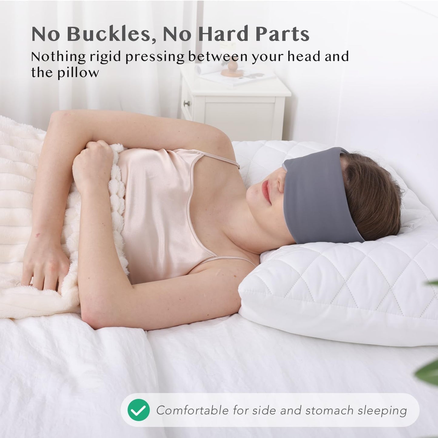 Silent Fastener Sleep Mask with Ear Cover, No Strap Wide Eye Mask for Sleep | Dual-Sided Cozy and Silky Eyemask, No-tangle Adjustable Eye Cover for Long Hair, Zero Pressure & Soft Blindfold for Travel