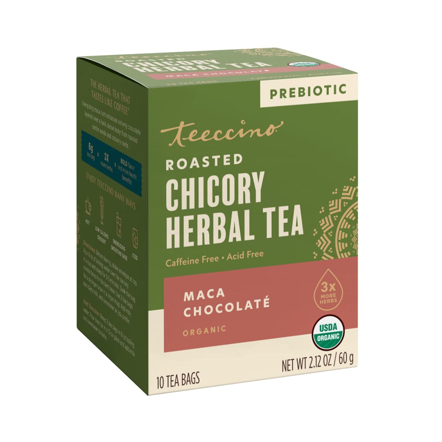 Teeccino Herbal Tea Sampler Assortment - 12 Tea Bags - Maca Chocolaté, French Roast, Hazelnut, Vanilla Nut - Roasted Caffeine Free Herbal Tea, Prebiotic for Natural Energy