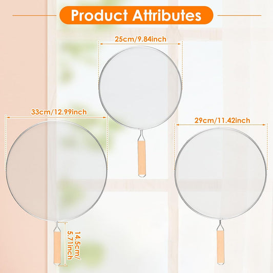 3 Pcs Splatter Screen for Frying Pan, Stainless Steel Fine Mesh Oil Splatter Guard, Splatter Guard with Wood Handle, Grease Splatter Guard for Cooking to Prevent Oil Splatter