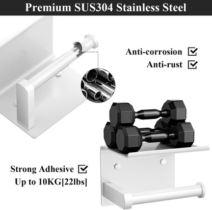 Tindbea Toilet Paper Holder Wall Mount + Towel Robe Hooks, Adhesive or Screw Wall Mounted Toilet Paper Roll Holder with Shelf, Stainless Steel Bathroom Organizers and Storage Kit (Brushed Gold)