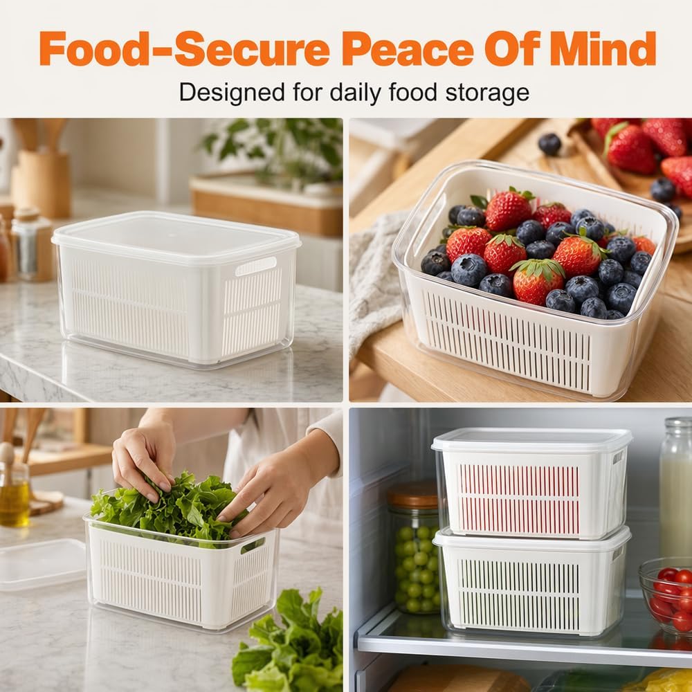 Kruggo Fruit Storage Container For Fruit Kitchen Storage (A, Medium) | Removable Colander Produce Storage Containers for Fridge Organizer