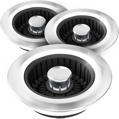 3 in 1 Kitchen Sink Drain Strainer Stopper Removable Basket Pop-Up | Kitchen Sink Food Strainer 1 Pack Silver Stainless - Food Catcher, Odor-Block Seal, Fits 3.5" Drain, Easy Clean