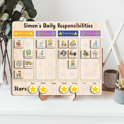 Daily Routine Chart for Kids, Visual Schedule, Routine Chart for Toddlers 3-5, Morning Bedtime Routine Chart for Toddlers, Wooden Chore Chart for Kids
