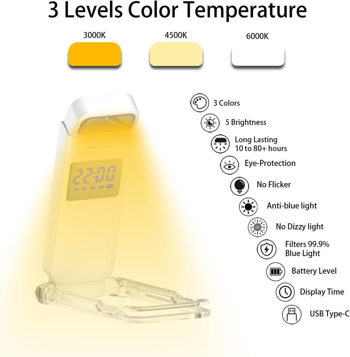 SFV Digital Book Lights for Reading at Night, USB Rechargeable Reading Lights for Books in Bed Clip-on, 3 Colors & 5 Brightness Dimmable, Compact & 80H Long Lasting for Book Lovers, Kids, Violet