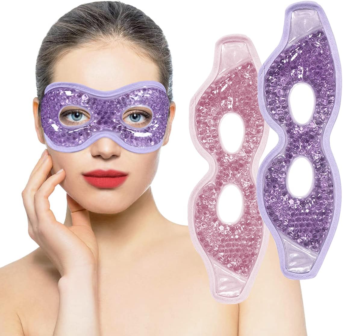 Cooling Gel Eye Mask with Eye Holes, 2 PCS Cold Eye Packs for Puffiness & Swelling, Reusable Hot Cold Compress Heat Ice Gel Pack, Purple and Pink