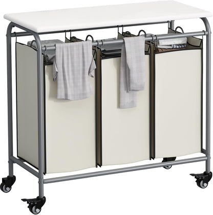 LINZINAR 3 Section Laundry Hamper, Black Laundry Basket 135L Laundry Sorter | Laundry Room Organization with Heavy Duty Rolling Lockable Wheels and Removable Bag, Bedroom Laundry Cart for Clothes Storage