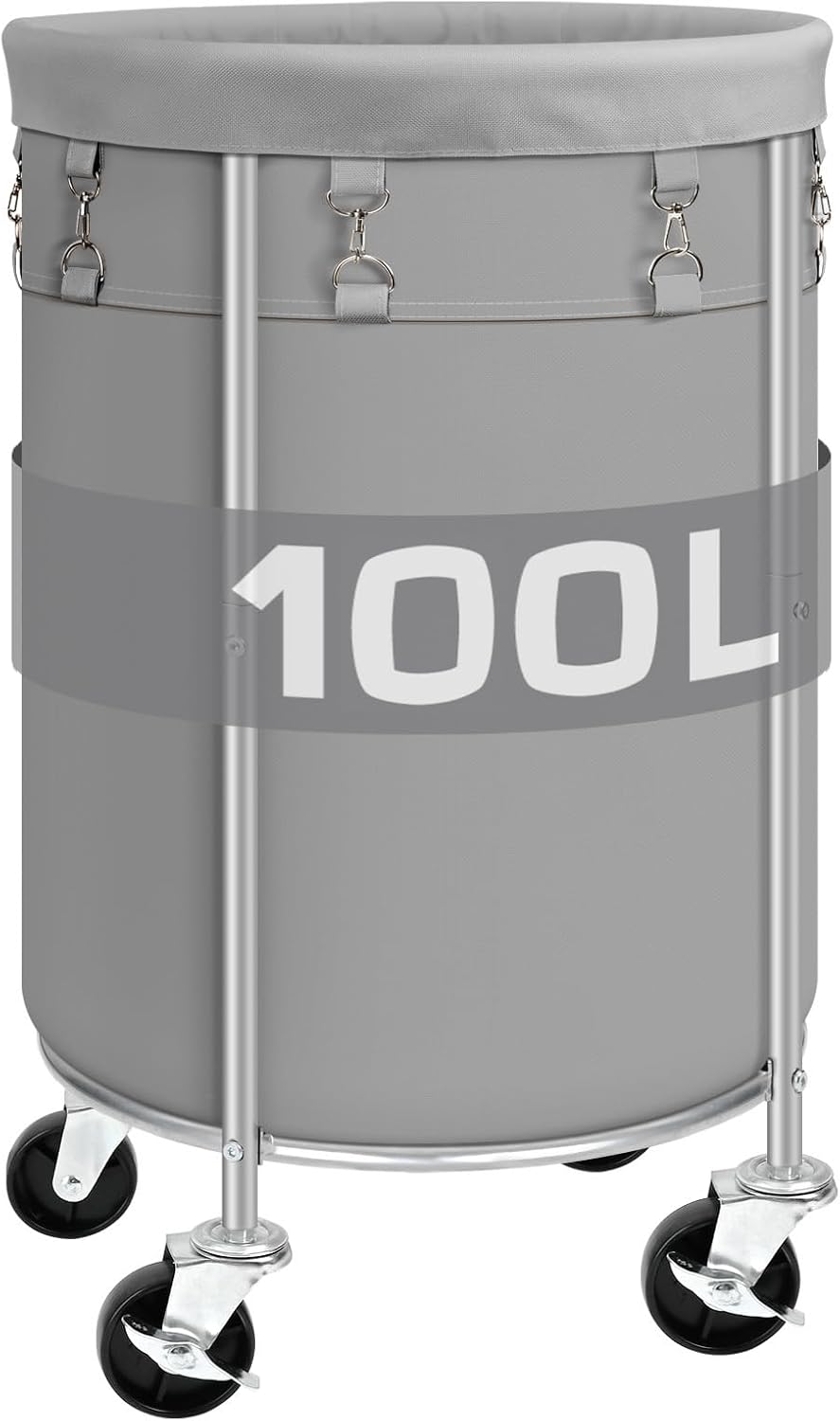 100L Round Rolling Laundry Hamper Basket with Wheels, Grey | Laundry Sorter Cart with Removable Bag, Clothes Organizer, Metal Frame, Bedroom, Bathroom, Laundry Room, Dorm Use